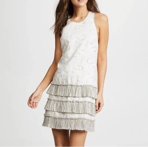 Theory Linen Sleeveless Eyelet Ruffled Sleeveless Dress Size 4 Ivory/Blue